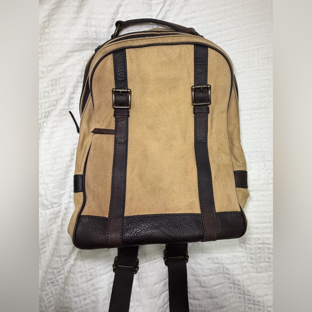 FOSSIL Estate Backpack Rugged Canvas Brown Leather Trim Padded Zip